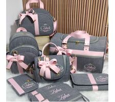KIT BOLSAS LINHO CINZA COM ROSA